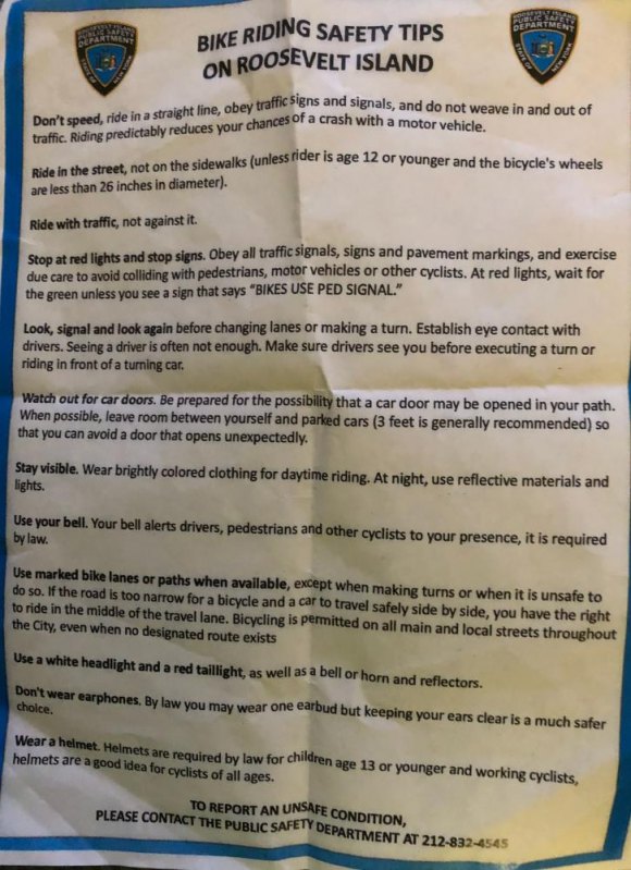 RIOC Public Safety Steps Up Bicycle Safety Flyers handed out to all passing bike riders are a mix of information, common sense and law.